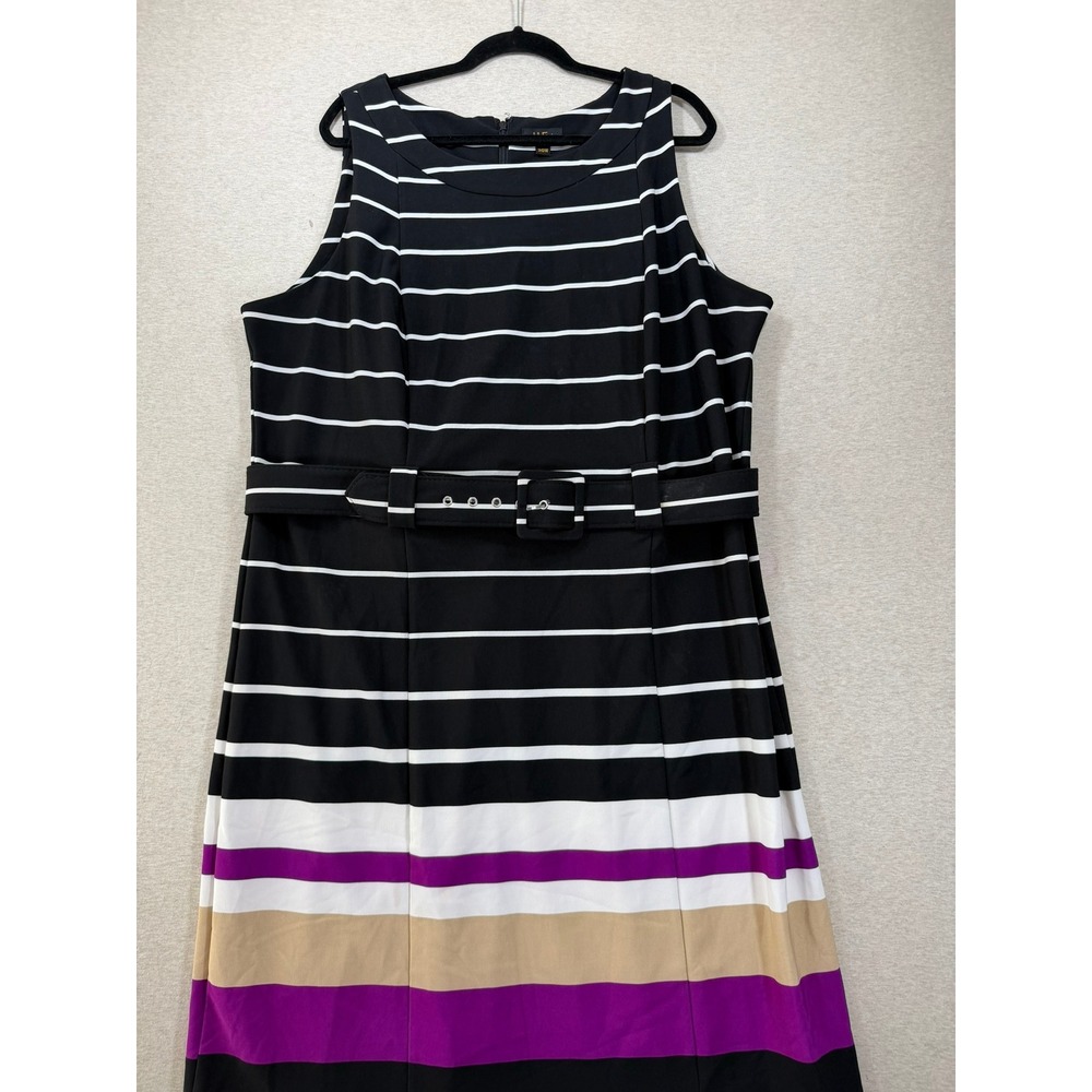 ILE New York Dress Women 20W Black Striped Belted‎ Colorblock Sleeveless